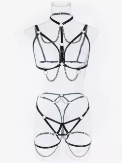 Ensemble soutien-gorge et culotte 3 pièces à volants noirs à lacets