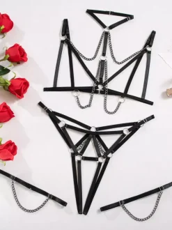 Ensemble soutien-gorge et culotte 3 pièces à volants noirs à lacets
