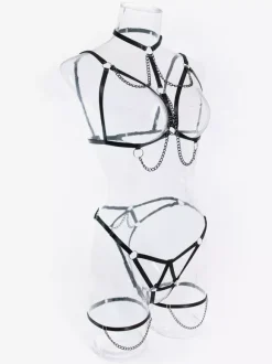 Ensemble soutien-gorge et culotte 3 pièces à volants noirs à lacets