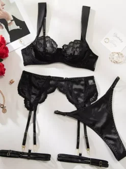 Ensemble soutien-gorge et culotte 4 pièces en dentelle transparente à imprimé floral bleu ciel clair