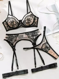 Ensemble soutien-gorge et culotte 4 pièces en dentelle transparente blanche à imprimé floral