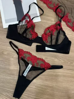 Ensemble soutien-gorge et culotte en dentelle transparente bicolore à motif floral deux pièces.