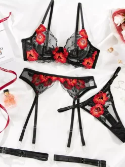 Ensemble soutien-gorge et culotte noirs sexy à imprimé floral pour mariée