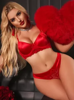 Ensemble soutien-gorge et culotte en dentelle rouge satinée brillante deux pièces pour la Saint-Valentin