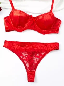 Ensemble soutien-gorge et culotte en dentelle rouge satinée brillante deux pièces pour la Saint-Valentin