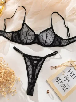 Ensemble soutien-gorge et culotte deux pièces noirs transparents à lacets