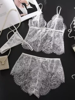 Ensemble soutien-gorge et culotte blancs en dentelle de mariée 3 pièces