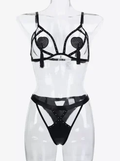 Ensemble soutien-gorge et culotte 2 pièces noir sexy avec pendentif pompon en cristal et autocollants pour la poitrine