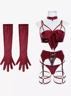 Ensemble soutien-gorge et culotte bordeaux à lacets 5 pièces
