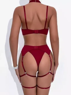 Ensemble soutien-gorge et culotte bordeaux à lacets 5 pièces