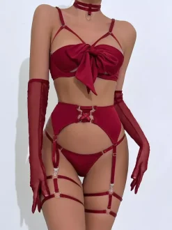 Ensemble soutien-gorge et culotte bordeaux à lacets 5 pièces