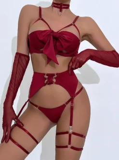Ensemble soutien-gorge et culotte bordeaux à lacets 5 pièces