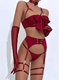 Ensemble soutien-gorge et culotte bordeaux à lacets 5 pièces