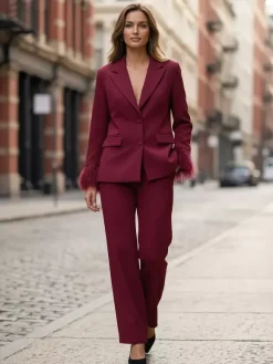 Ensemble tailleur 2 pièces à poignets en plumes pour femme - Blazer rouge élégant et pantalon droit assortis - Tenue de soirée professionnelle printanière 2026