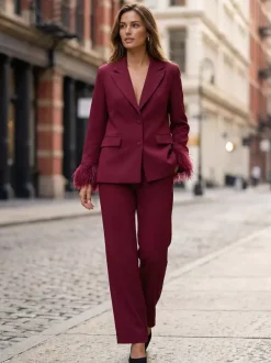 Ensemble tailleur 2 pièces à poignets en plumes pour femme - Blazer rouge élégant et pantalon droit assortis - Tenue de soirée professionnelle printanière 2026