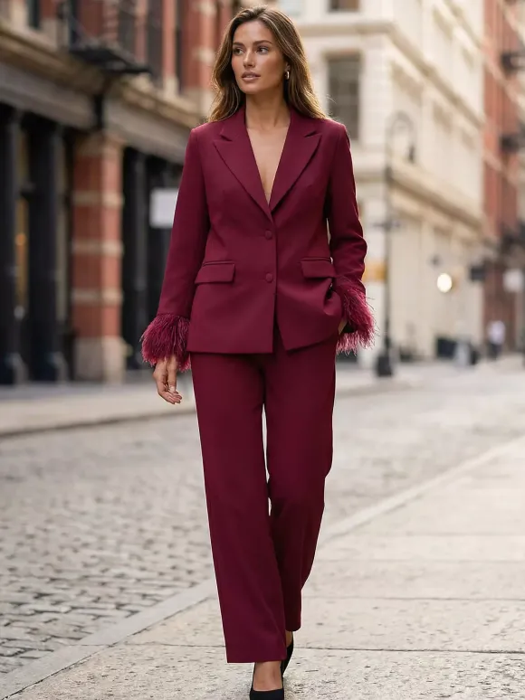 Ensemble tailleur 2 pièces à poignets en plumes pour femme - Blazer rouge élégant et pantalon droit assortis - Tenue de soirée professionnelle printanière 2026
