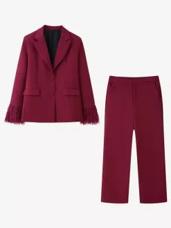 Ensemble tailleur 2 pièces à poignets en plumes pour femme - Blazer rouge élégant et pantalon droit assortis - Tenue de soirée professionnelle printanière 2026