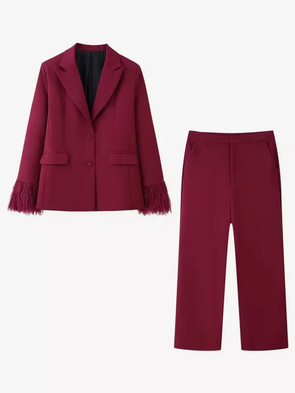 Ensemble tailleur 2 pièces à poignets en plumes pour femme - Blazer rouge élégant et pantalon droit assortis - Tenue de soirée professionnelle printanière 2026