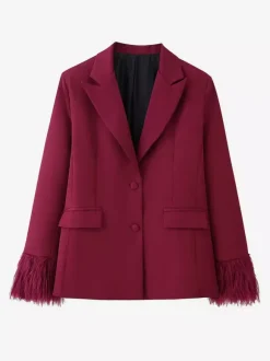 Ensemble tailleur 2 pièces à poignets en plumes pour femme - Blazer rouge élégant et pantalon droit assortis - Tenue de soirée professionnelle printanière 2026