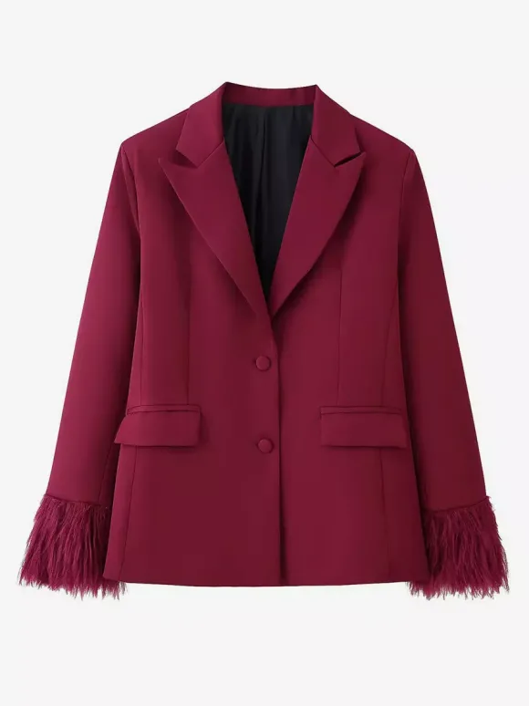 Ensemble tailleur 2 pièces à poignets en plumes pour femme - Blazer rouge élégant et pantalon droit assortis - Tenue de soirée professionnelle printanière 2026