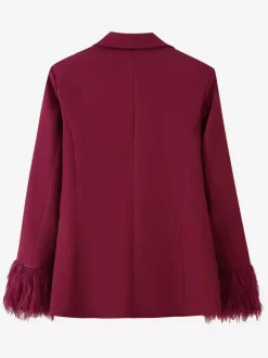 Ensemble tailleur 2 pièces à poignets en plumes pour femme - Blazer rouge élégant et pantalon droit assortis - Tenue de soirée professionnelle printanière 2026