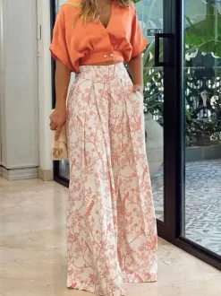 Ensemble Tailleur Pantalon Pour Femme Femme Imprimé Pantalons Longues Bicolores Bas Evasée