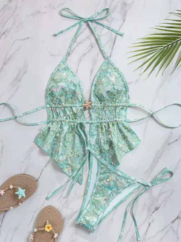 Ensemble tankini dos nu à paillettes pour femme - Maillot de bain 2 pièces à appliqué floral et breloque étoile de mer - Idéal pour les fêtes d'été à la plage 2026