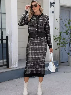 Ensemble tricoté avec cardigan à carreaux et jupe crayon mi-longue pour femme 2026