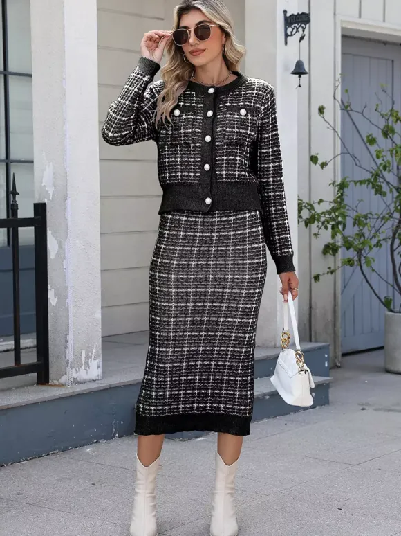 Ensemble tricoté avec cardigan à carreaux et jupe crayon mi-longue pour femme 2026