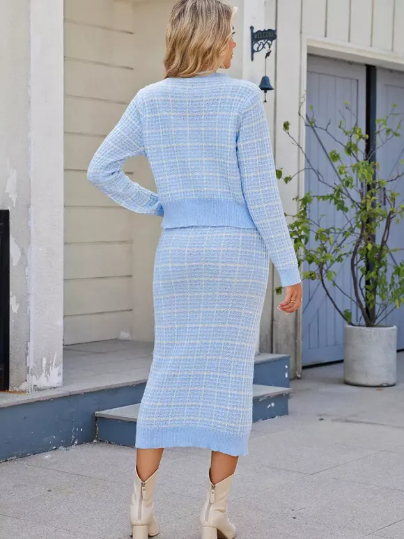 Ensemble tricoté avec cardigan à carreaux et jupe crayon mi-longue pour femme 2026