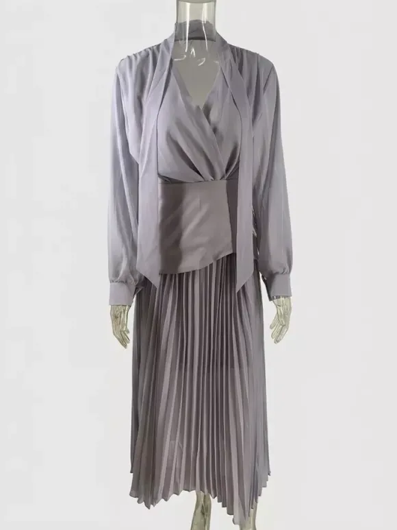 Ensemble trois pièces élégant à manches longues pour femme - Chemisier en mousseline à col noué et ceinture assortie et jupe maxi - Idéal pour une soirée de printemps au bureau (2026)