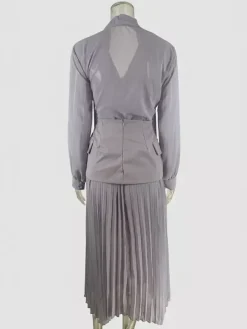 Ensemble trois pièces élégant à manches longues pour femme - Chemisier en mousseline à col noué et ceinture assortie et jupe maxi - Idéal pour une soirée de printemps au bureau (2026)