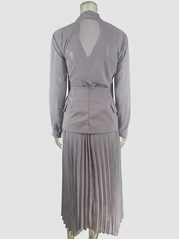 Ensemble trois pièces élégant à manches longues pour femme - Chemisier en mousseline à col noué et ceinture assortie et jupe maxi - Idéal pour une soirée de printemps au bureau (2026)