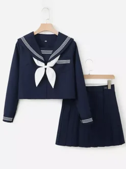 Ensemble uniforme scolaire japonais Lolita classique JK haut et jupe à manches longues bleu marine foncé