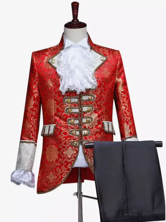 Ensemble vintage bordeaux boutons rétro volants jacquard manches longues polyester pardessus costumes rétro pour homme