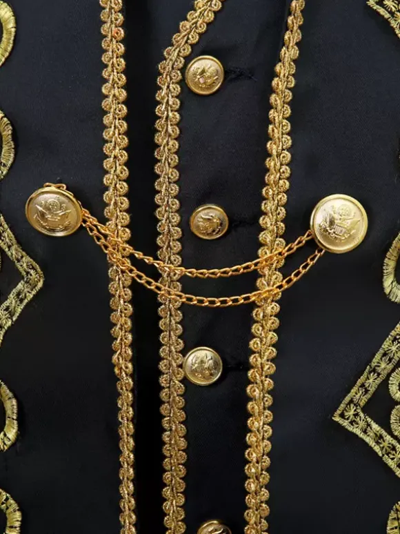 Ensemble vintage noir avec boutons appliqués rétro et motif c艙urs manches longues manteau en polyester costumes rétro pour homme