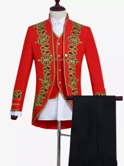 Ensemble vintage noir avec boutons appliqués rétro et motif c艙urs manches longues manteau en polyester costumes rétro pour homme