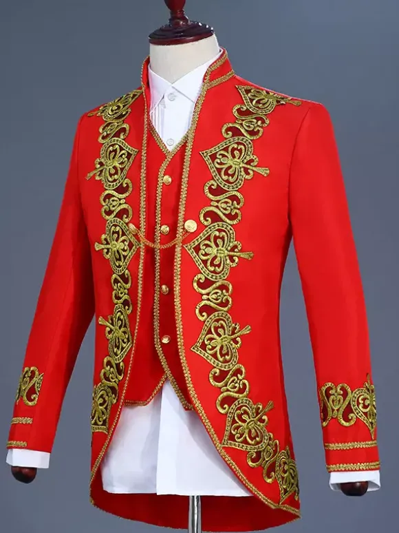 Ensemble vintage noir avec boutons appliqués rétro et motif c艙urs manches longues manteau en polyester costumes rétro pour homme