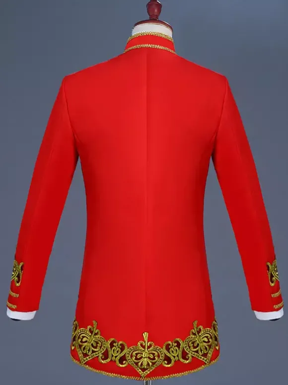 Ensemble vintage noir avec boutons appliqués rétro et motif c艙urs manches longues manteau en polyester costumes rétro pour homme