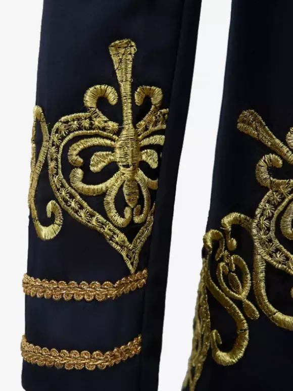 Ensemble vintage noir avec boutons appliqués rétro et motif c艙urs manches longues manteau en polyester costumes rétro pour homme