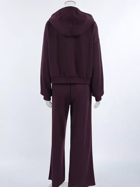 Ensemble athleisure pour femmes actives - Survêtement prune à capuche et fermeture éclair jambes larges - Collection printemps 2026 - Vêtements de yoga et de détente