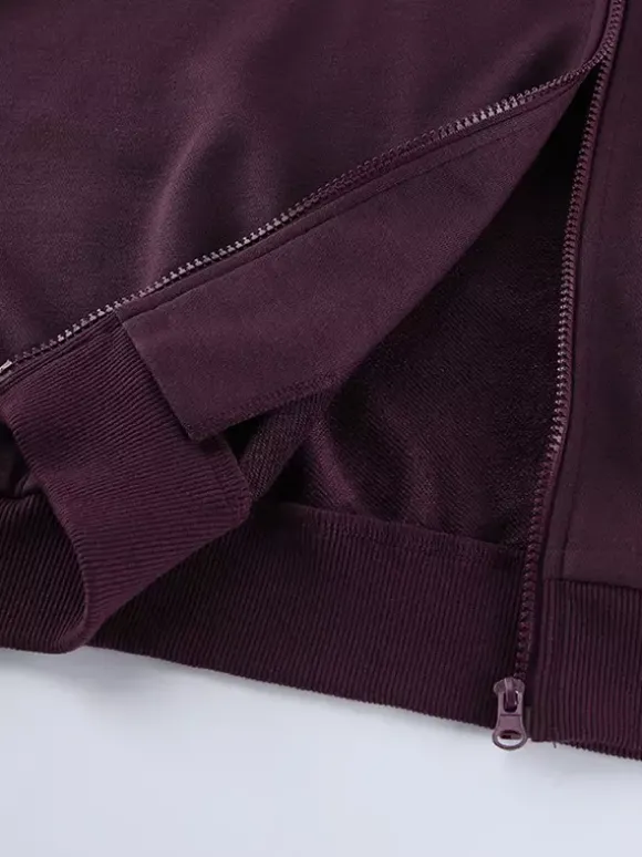 Ensemble athleisure pour femmes actives - Survêtement prune à capuche et fermeture éclair jambes larges - Collection printemps 2026 - Vêtements de yoga et de détente