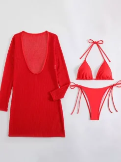Ensemble bikini dos nu et mini-robe cache-maillot à manches longues et col en U maillot de bain 3 pièces 2026