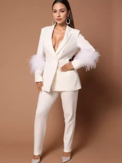 Ensemble Blazer Pantalon Noir Sexy Party Plumes