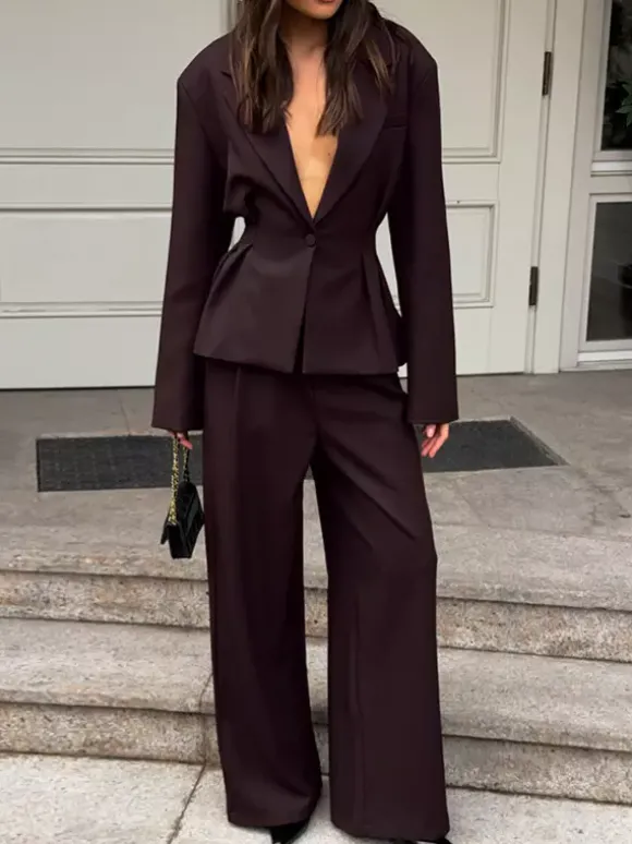 Ensemble blazer péplum marron foncé pour femme - Pantalon large à taille plissée et coupe slim - Tenue de bureau printemps 2026