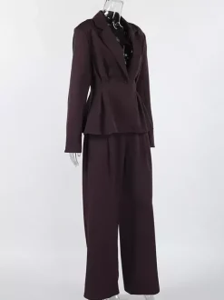 Ensemble blazer péplum marron foncé pour femme - Pantalon large à taille plissée et coupe slim - Tenue de bureau printemps 2026