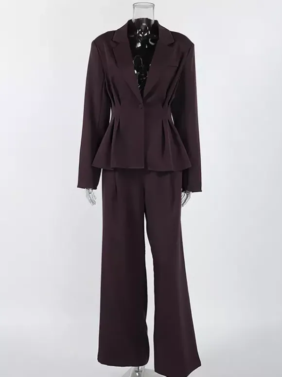 Ensemble blazer péplum marron foncé pour femme - Pantalon large à taille plissée et coupe slim - Tenue de bureau printemps 2026