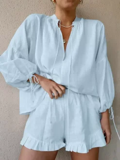 Ensemble chemise oversize en lin rose pastel bleu et blanc taille élastique et short à volants
