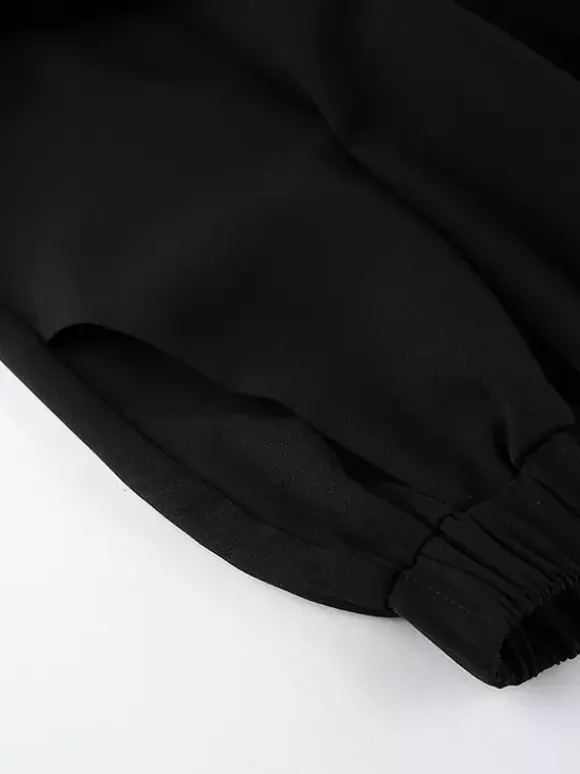 Ensemble coordonné sophistiqué style français pour femme - Haut à manches bouffantes et col cranté pantalon noir à jambes larges - Tenue de travail été 2026