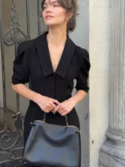 Ensemble coordonné sophistiqué style français pour femme - Haut à manches bouffantes et col cranté pantalon noir à jambes larges - Tenue de travail été 2026